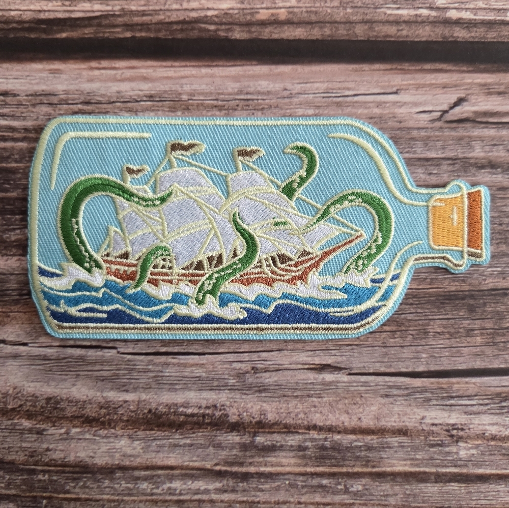 Kraken Attacking Ship In A Bottle Sea Monster Octopus Horror Iron on Patch